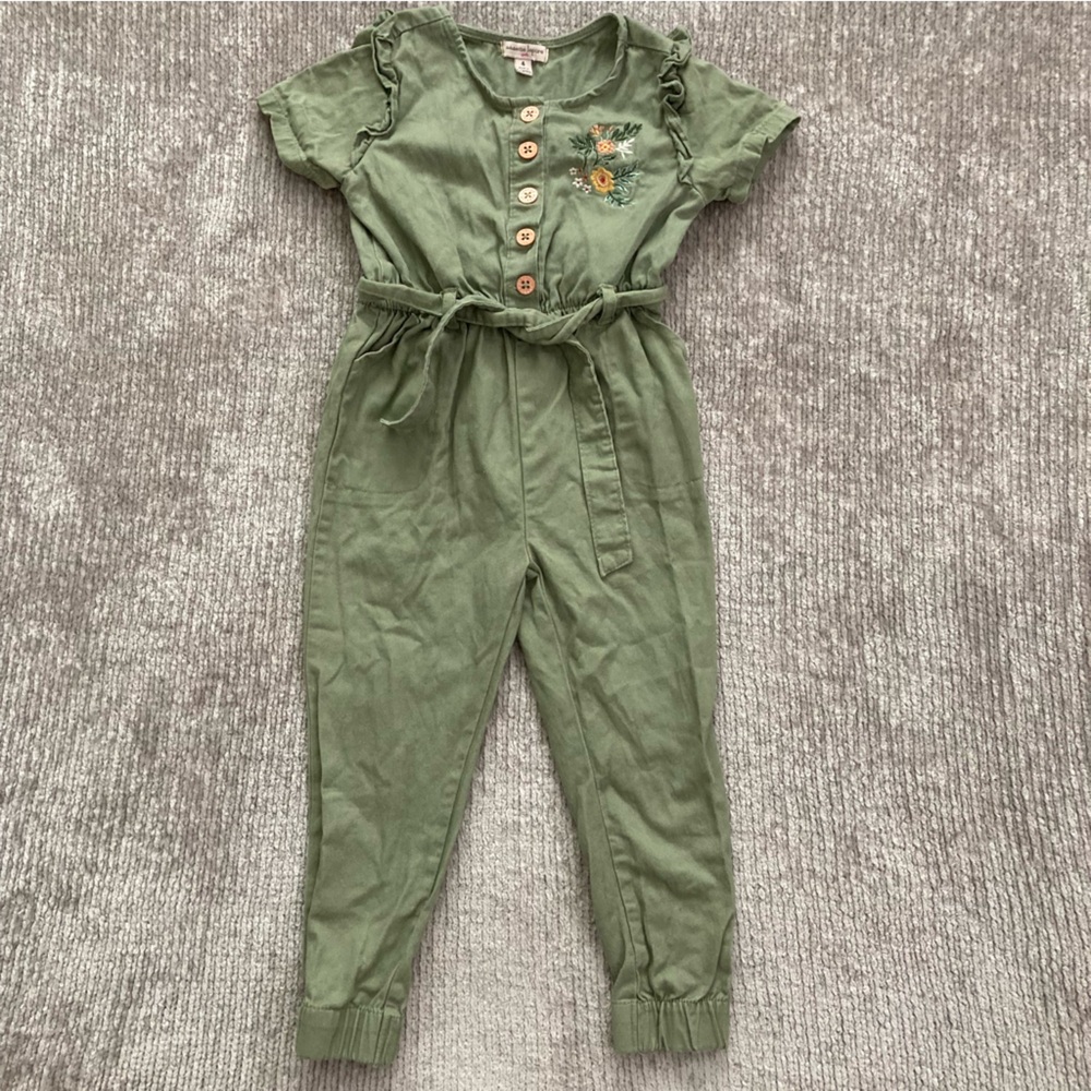 Nanette Lepore Kids Olive Ruffle Jumpsuit 100% Cotton Floral 4T Girl Embroidered
